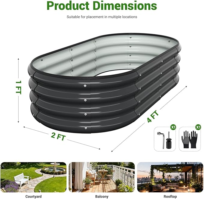 4X2X1 FT Oval Raised Garden Bed, Metal Planter Box for Outdoor Gardening, Easy Assembly Raised Bed for Vegetables, Fruits, Flowers(Dark Gray 1PC)