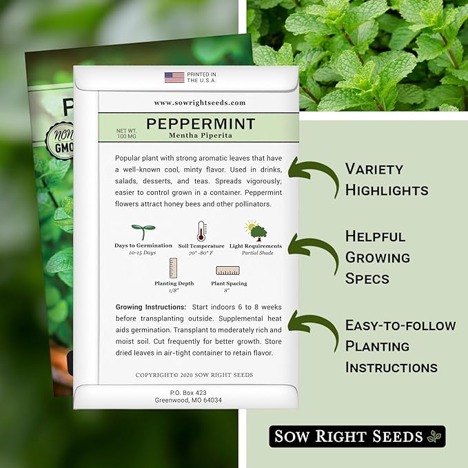 Sow Right Seeds - Peppermint Seeds for Planting - Non-GMO Heirloom Packet with Instructions for Easy Planting and Growing an Herbal Tea Garden - Indoors or Outdoor - Medicinal & Culinary (2)
