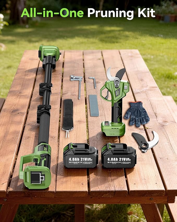 J-KU Electric Pruning Shears Cordless: 2-in-1 Electric Tree Pruner with Extension Pole, 21V 2×4000mAh Battery Powered, 1.4" Cutting Diameter, Brushless Pole Pruner Branch Cutter for Tree Trimmer