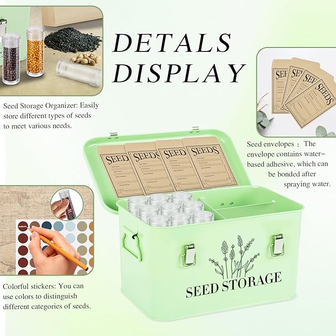 20 Slots Seed Storage Box with 3 Dividers, Metal Seed Storage Organizer Saving Box, Seeds Packet Container, Professional All-in-one Kit with 20 Seeds Envelopes and 60 Label Stickers