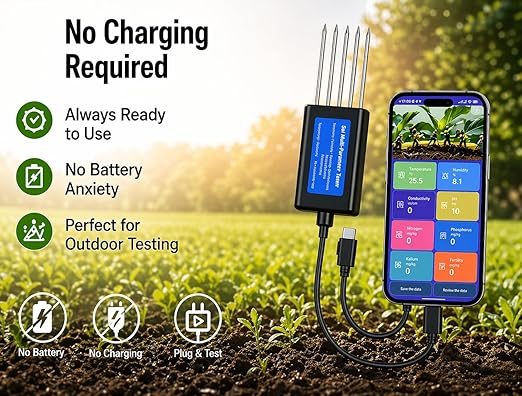 8-in-1 Soil Tester for Android Phone, NPK PH Moisture EC Meter, Digital Soil Test Kit No Charging, High Accuracy Sensor for Garden Lawn Farm Soil Fertility