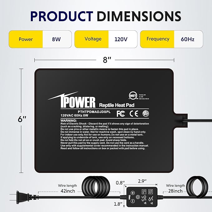 iPower 6 by 8 Inch 8W Reptile Heating Pad with Adjustable Thermostat, Under Tank Warmer Terrarium Heat Mat for Turtles/Snakes/Lizards/Frogs, 2 Pack