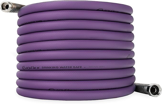 Camco EvoFlex 50-Ft Water Hose - RV Drinking Water Hose Contains No Lead, No BPA & No Phthalate - Flexible Design w/Stainless Steel Strain Relief Ends - 5/8” Inside Diameter, Purple (22586)