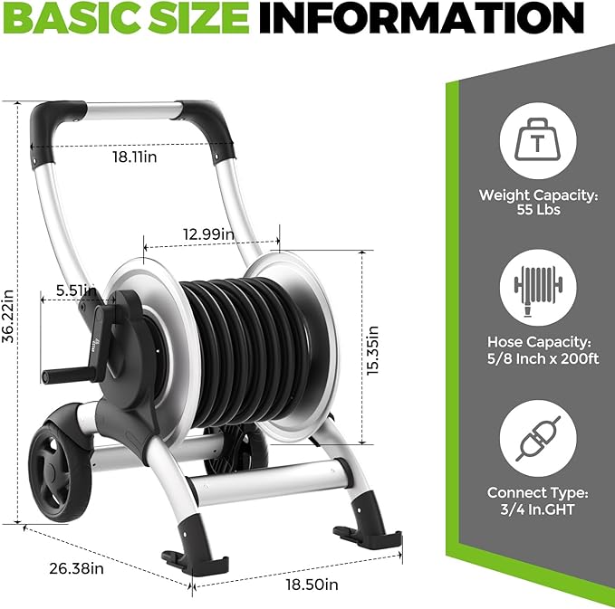 Upgrade Hose Reel Cart, Holds 200 Feet of 5/8" Hose, Hose Reel Cart With Effort-saving Hand Crank,2 Wheels,Heavy Duty Freestanding Water Hose Reels for Outside Garden Lawn Yard Outdoor