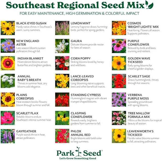 Park Seed Grow Your Own Vibrant Annual and Perennial Wildflower Garden Seeds Mixture, Easy to Grow Varieties for Pollinators and Spring Gardens - Southeast Regional Mix, 1/4 oz