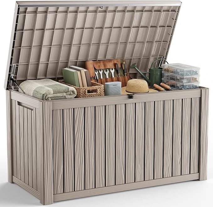 200 Gallon Outdoor Storage Deck Box Lockable Waterproof Resin Outside Bench UV Resistant Bin Patio Porch Furniture Pool Float Garden Tool Cushion Grey