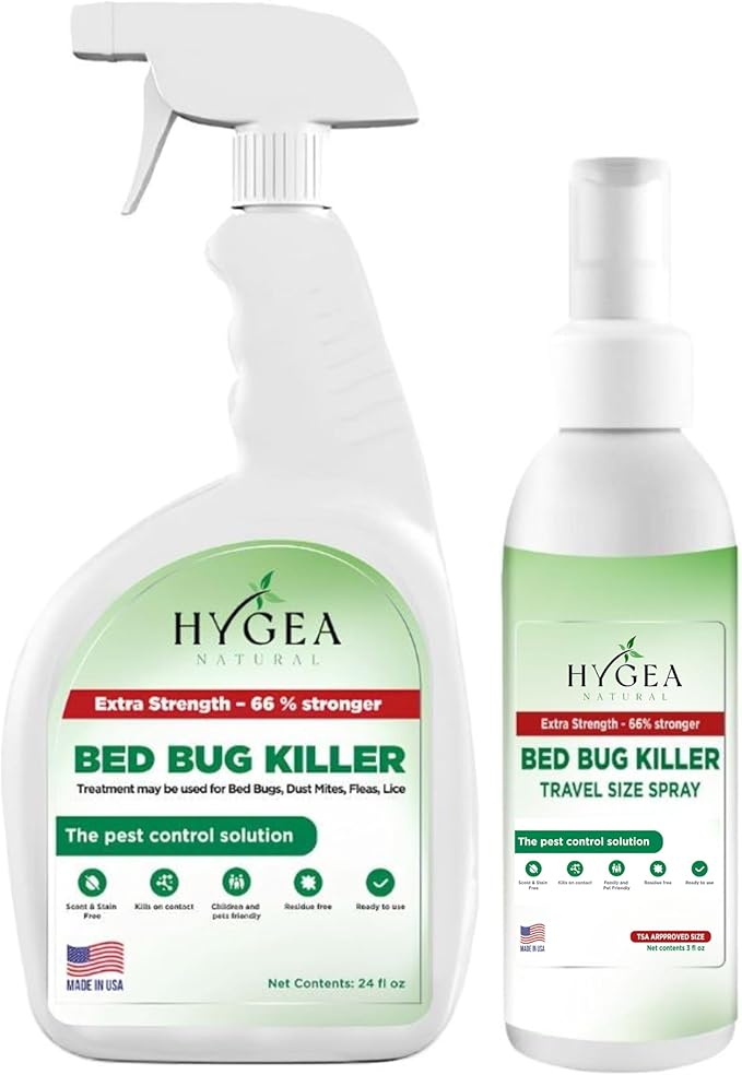 Hygea Natural Extra-Strength Bed Bug DIY Kit - unique, Odorless, Child & Pet Friendly - All water-friendly surfaces - 1 Bed Bug Spray (24 oz) & 1 Bed Bug Travel Spray in TSA Approved Size (3 oz)
