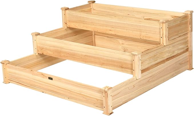 Giantex 3 Tier Raised Garden Bed Wood Elevated Planter Box Vegetable Flower Growing Bed Kit Outdoor Planting Container for Backyard Lawn Patio Planter Raised Beds, Easy Assembly 49"X49"X22"