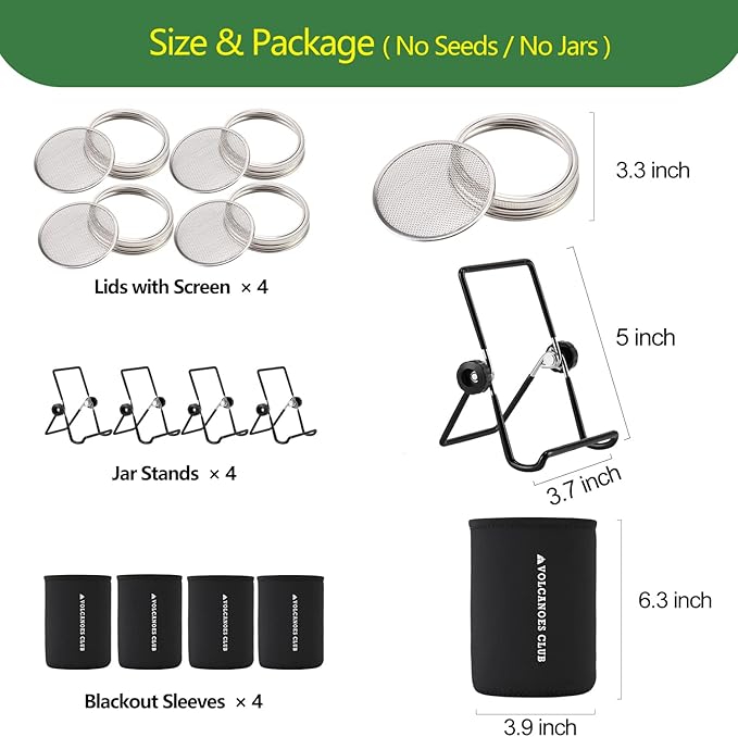 Seed Sprouting Jar Germination Kit Accessories - Jar Stands/Blackout Sleeves/Sprout Lids for Wide Mouth Mason Jar - for Growing Broccoli, Bean Sprouts, Alfalfa, Microgreens (4 Pack)