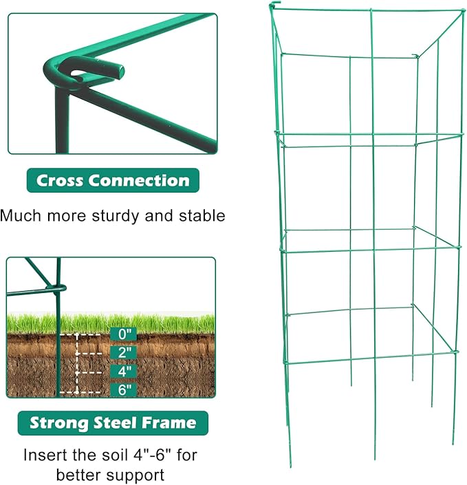 DoCred 4 Pack Tomato Cage, Folding Tomato Cage Heavy Duty Metal Square Tomato Cages Coated Steel Garden Plant Support Stake Tower for Climbing Vegetables, Plants, Flowers, Steel Green