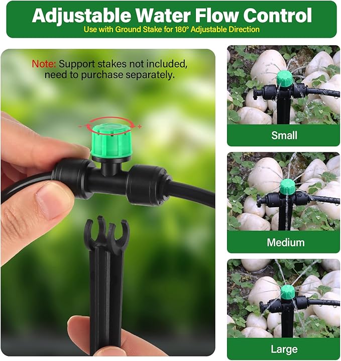 Kalolary 30Pcs Push-to-Fit Drip Irrigation Emitters for 1/4 inch Tubing, Adjustable Drip Emitter Sprayer with 8 Holes Irrigation Dripper Sprinklers with 6PCS End Plugs for Irrigation System(Green)