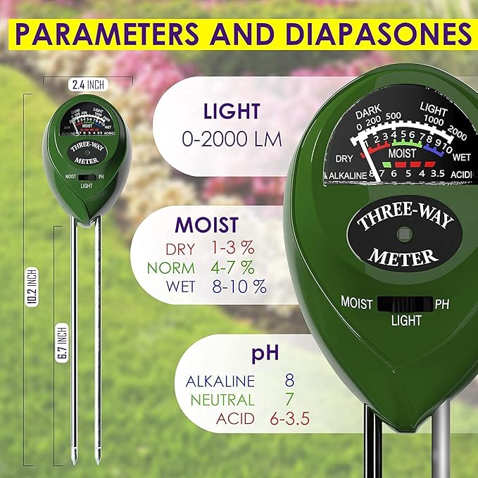2023 Upgraded Soil pH Meter 3-in-1 Soil Tester Moisture, Light, pH, Meter Tool for Garden, Farm, Plant, Lawn Care, Water Soil, Soil Hygrometer Sensor for Gardening, Test Kit for Garden