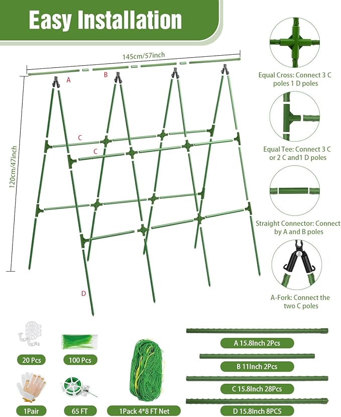 Joyhalo A-Frame Cucumber Trellis for Raised Beds, 47" Hx 57" L Adjustable Size, Garden Trellis for Climbing Plant Outdoors with Climbing Net and Plant Support Clip for Vegetable Vine Pea Bean Tomato