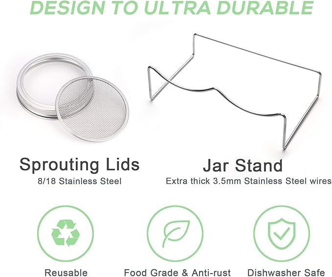 Seed Sprouting Jar Kit | 2 Wide Mouth Mason Jars & Stainless Steel Screen Lids,Tray,Stand and Canning Brush | Sprouter Set to Grow Broccoli, Alfalfa,Organic Microgreens Sprouts & Mung Bean (Black)