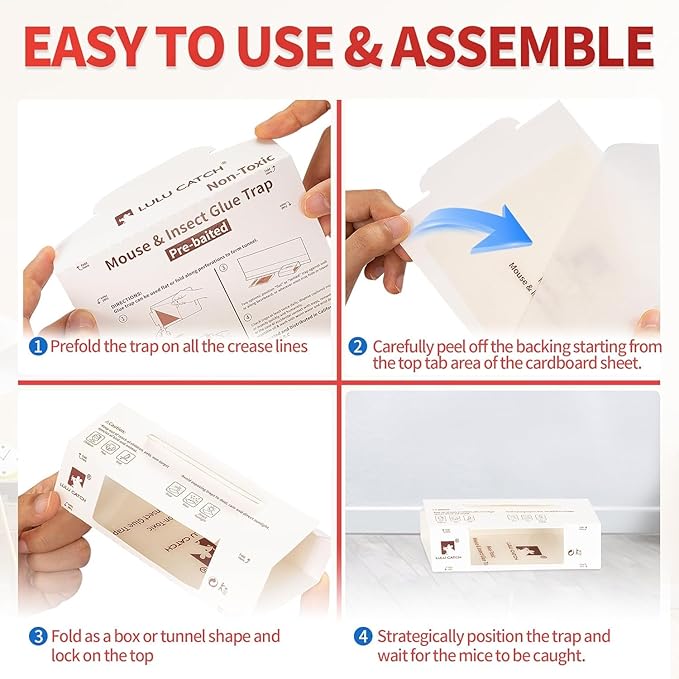 LULUCATCH Mouse Traps, 48 Pack Pre-Baited Sticky Mouse Traps Indoor for Home, Non-Toxic Bulk Sticky Pads, Glue Traps for Rats, Bugs, Spider, Mice, Cockroach, Pet Safe Pest Control
