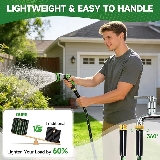 Garden Hose 75ft Flexible Non-Expandable Water Hose Ultra Lightweight Kink-Free Leak-Proof Durable & Abrasion-Resistant with 3/4" Brass Fittings for Patio Yard RV and Outdoor Use
