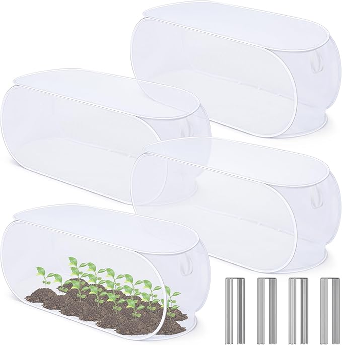 4 Pcs 39" x 18" x 16" Pop up Garden Rows Plants Cover Vegetable Mesh Plant Protector Net Cage Guard with Ground Nails for Protecting Vegetable Fruit Seedling from Animal (White)