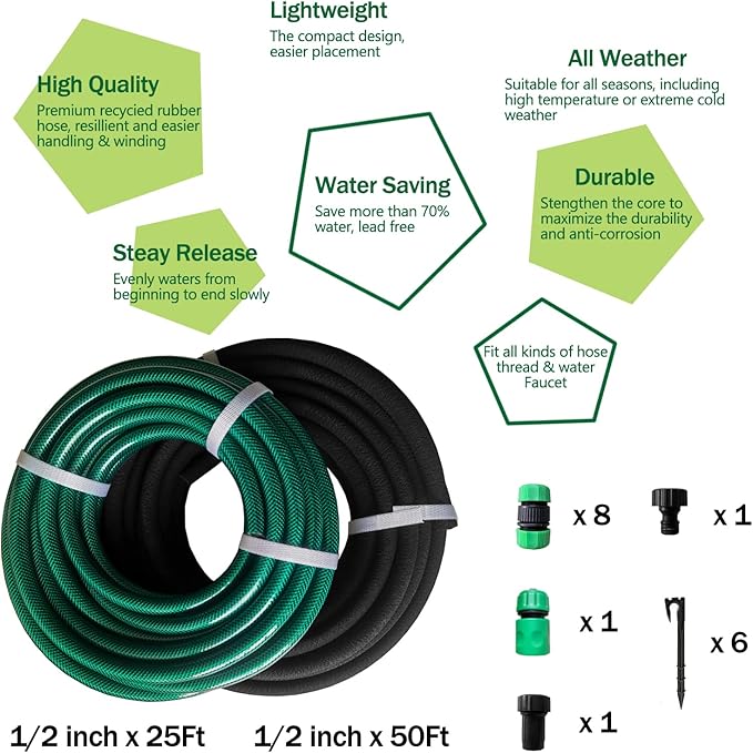 Customizable Soaker Hose System - 1/2 inch x 50ft Soaker Hose with 25ft Garden Hose, Irrigation Weeping Hose with Reinforced Fittings for Raised Garden Flower Bed, Vegetables and Shrub Plants.