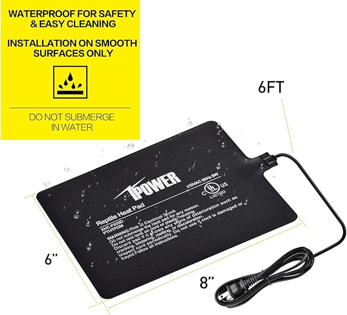 iPower Reptile Heat Pad 6X8 Inch 8W Under Tank Terrarium Warmer Heating Mat for for Turtle, Lizard, Frog, Snake, Reptile, and Other Small Animals