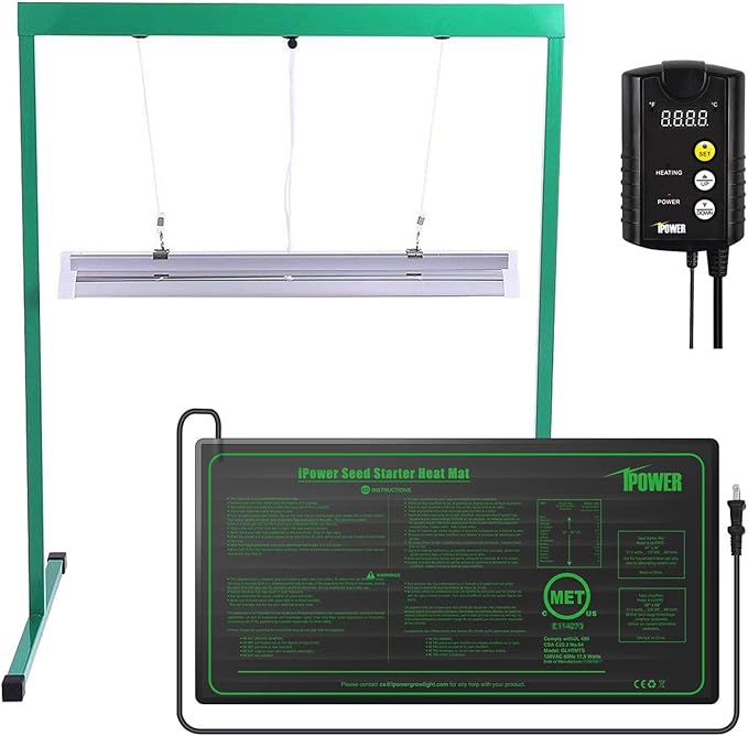 iPower 24W 2 Feet T5 Fluorescent Grow Light Stand Rack (6400k) and 10" x 20.5" Seedling Heat Mat and 40-108 Degrees Fahrenheit Digital Heat Mat Thermostat Controller Combo Set for Seed Germination