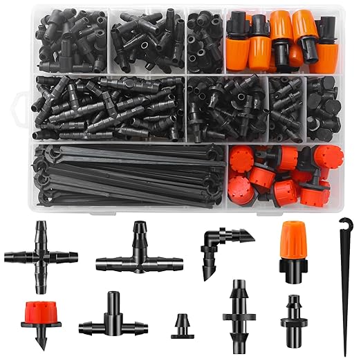 240-Piece Drip Irrigation Fittings Kit for 1/4" Tubing, Complete Set of Drip Barbed Connectors (Nozzle, Micro Dripper, Nozzle Tee, Single Barb, Coupling, Tee, Elbow, Plug, Cross, Stake)