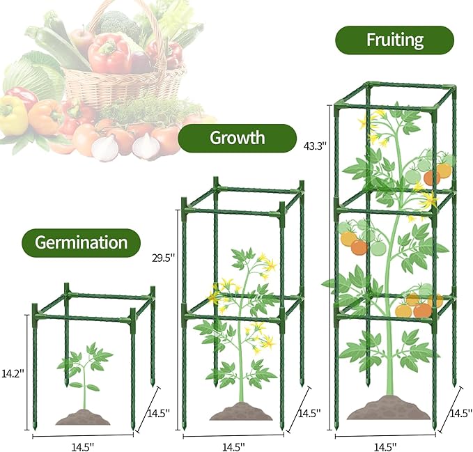 6 Pack Tomato Cages for Garden, 43.3 Inch Tall Tomato Trellis Plant Support, Adjustable Garden Trellis for Climbing Vegetables, Plants, Flowers and Fruits(14.5" x 14.5")
