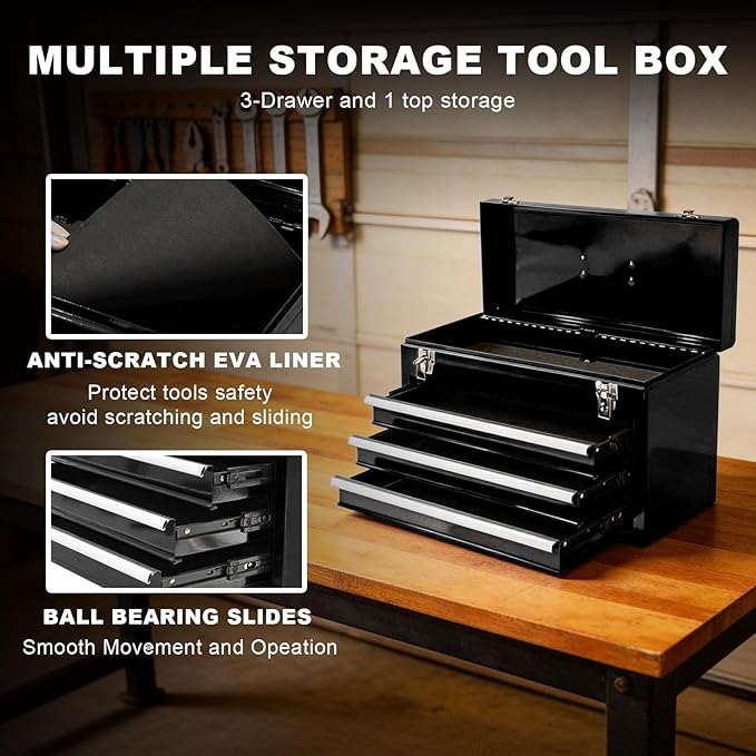 3 Drawer 20“ Metal Tool Box Portable Steel Tool Chest with Metal Latch Closure for Garage, Home and Workbench,Black