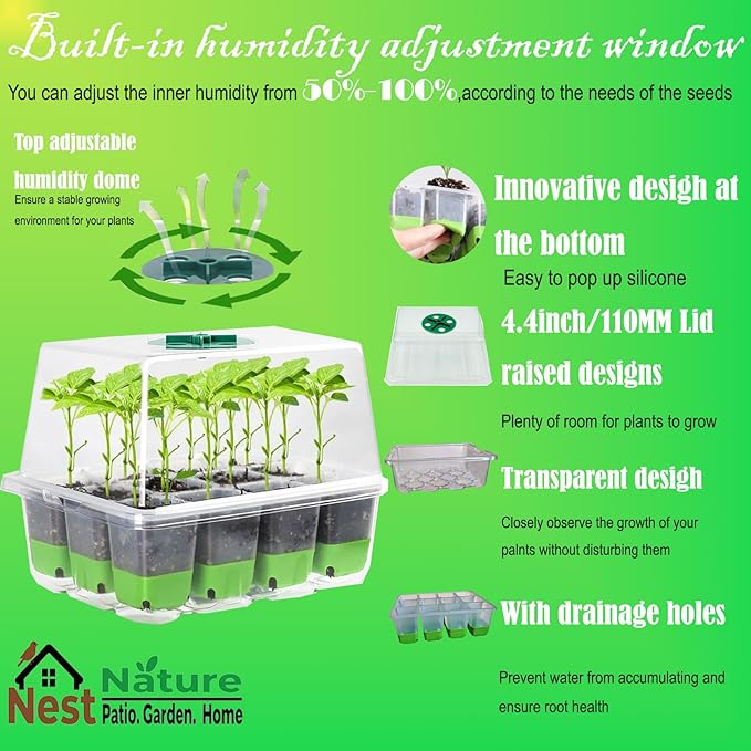 Reusable 60Cell Seed Starter Trays With Humidity Dome & Lids - 60 Cells, Flexible Pop-Out Design, BPA-Free Silicone Seedling Kit for Indoor Gardening, Greenhouse Planting, Dishwasher Safe