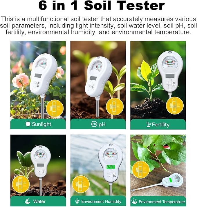 6 in 1 Soil Tester Soil Meter Soil Water Detector for pH Sunlight Fertility Temperature Humidity with 3 Replaceable Probes for Garden Farm Home Plant Care