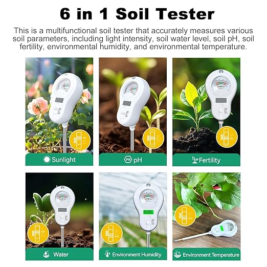 6 in 1 Soil Tester, Digital Soil pH Sunlight Water Fertility Temperature Humidity Meter, with 3 Replaceable Probes, for Garden Farm Home Plant Care