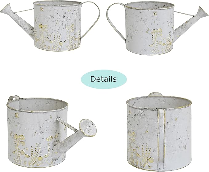 Vintage Metal Watering Can with Floral Embossed Design Garden Distressed White Decorative Watering Pot Planter Rustic Farmhouse Waterer for Home Indoor Outdoor Garden Balcony Courtyard (White#2)