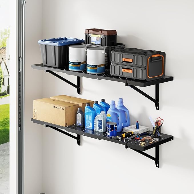 FLEXIMOUNTS 2-Pack 1x3ft Garage Shelving 14-inch-by-34-inch Perforated Wall Shelf, Heavy Duty Garage Storage Rack with 700 lbs Load Capacity, Wall Mounted Organization System for Tools, Heavy Bins