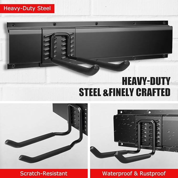 Heavy Duty Garage Tool Organizer Wall Mount, 64" Industrial Carbon Steel Storage Rack, 920LB Load Capacity, 12 Sliding Hooks for Garden Tools, Shovel, Rake, Ladder & Power Tools (4x16 Panels)