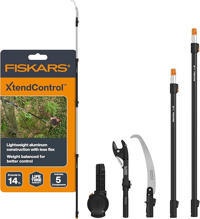 Fiskars XtendControl 14' Tree Pruner Kit, Complete Pruning and Sawing System with Fixed Pruner Head and 15" X2 Hook Bill Saw, Two Extension Poles, Lightweight Aluminum, Orange