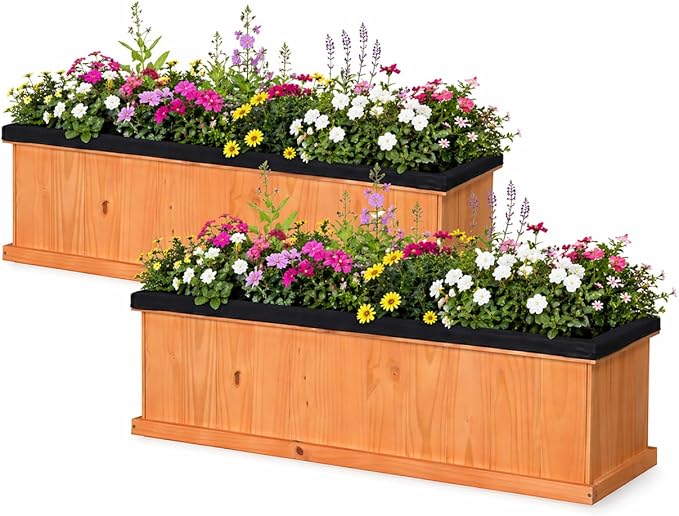 Giantex Raised Garden Bed Set 2, 44”x10”x12” Wooden Elevated Planter Box with 3 Drainage Holes & Removable Bottom & Bed Liner, Elevated Flower Bed, Plant Container for Vegetables Herbs & Fruits