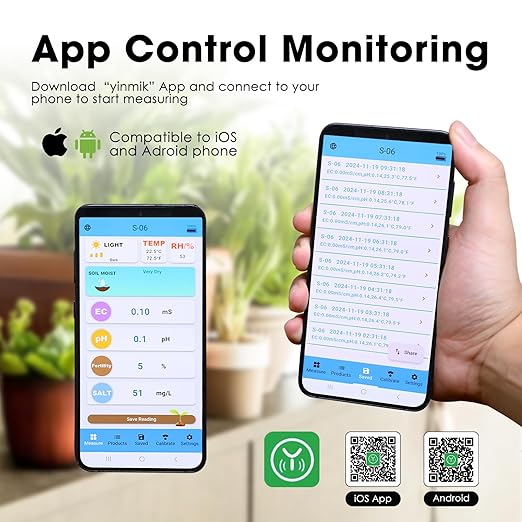 8-in-1 Soil Meter with Bluetooth, Measures pH, EC, Salt, Fertility, Moisture, Temperature, Humidity & Light, App Control, Data Logging, Accurate Gardening & Farming Tool