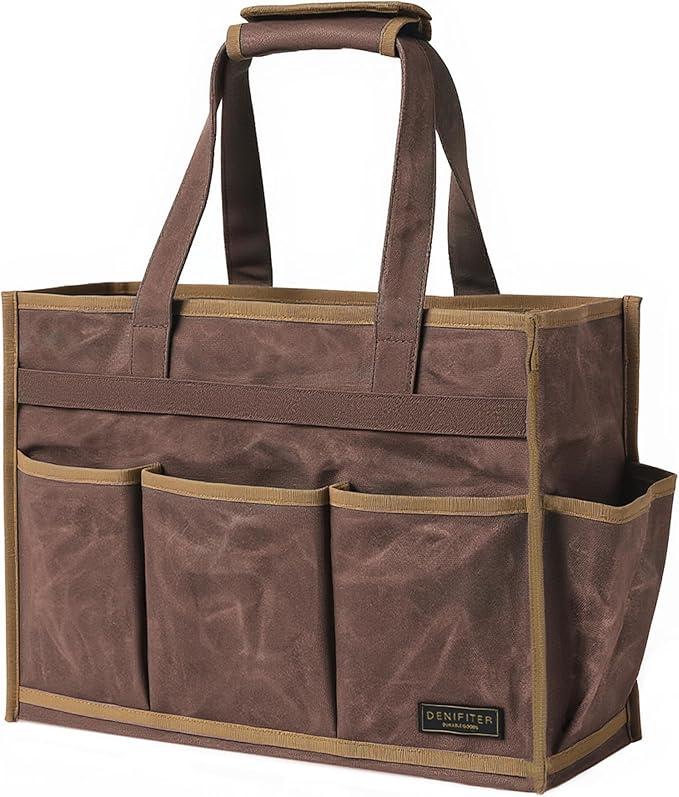 Tool Bag, Heavy Duty 16oz Waxed Canvas Water-Resistant Tool Pouches, Tool Tote with Handle for Tools, Wrenches, Screwdrivers (16.5 X 7 X 12 inch) | Brown