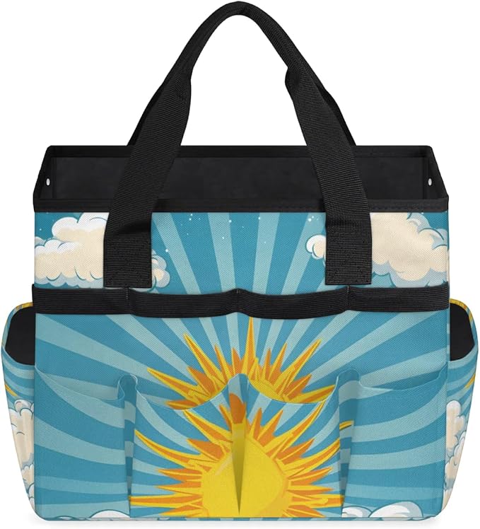 Garden Tool Bag Organizer Garden Tote Bag with Pockets Golden Sunshine Clouds Tool Storage Organizer Gardening Tool Kit Holder 13" x 6.8" x 2.8"