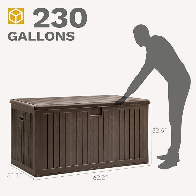 DWVO 230 Gallon Resin Outdoor Storage Box, XXL Double-Wall Waterproof Deck Box with Divider, Doubles as Table or Seating with 1000 lbs Capacity, Lockable (Brown)