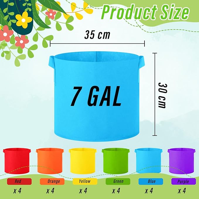 24 Pcs Multicolor Plant Grow Bags Large Grow Bags Fabric Planter Thickened Non Woven Fabric Pots with Handles for Indoor Outdoor Garden Planting Seeds Flower, 6 Colors (7 Gallon)