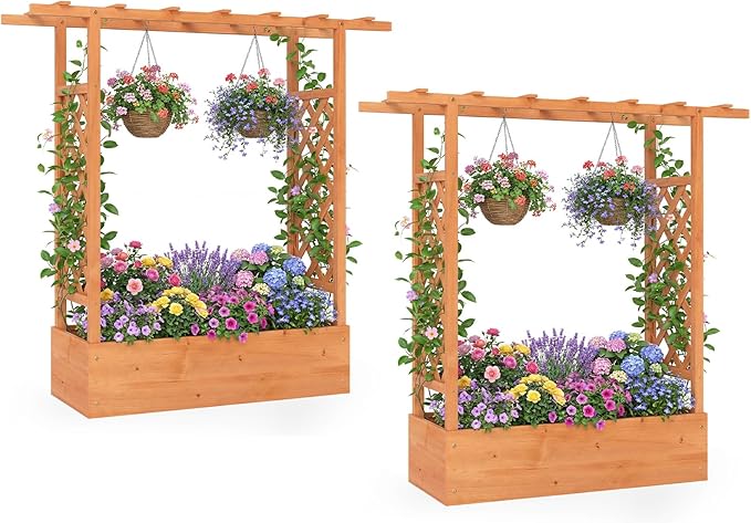 HAPPYGRILL Raised Garden Bed with Trellis & Hanging Roof, 45" Tall Wooden Planter Box with Drainage Holes, Outdoor Wood Elevated Garden Bed for Climbing Plants Vines Vegetables Flowers (Orange,2)
