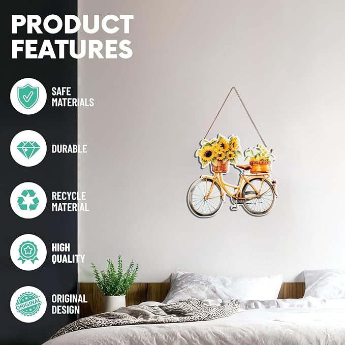 Quterhero Sunflower Bicycle Wall Decor, Metal Hanging Art for Home Porch or Indoor Outdoor Wall, Vintage Farmhouse Gift for Mom, Women, Friends(Bicycle)