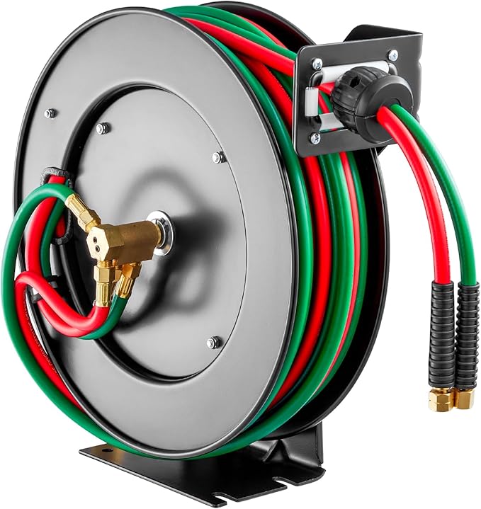 VEVOR Retractable Welding Hose Reel, 1/4-Inch x 50FT Twin Oxygen Acetylene Rubber Hose Max 300PSI - T Grade, Ceiling/Wall Mount Heavy Duty Steel Hose Reel Auto-Rewind, Ideal for Workshops Garages