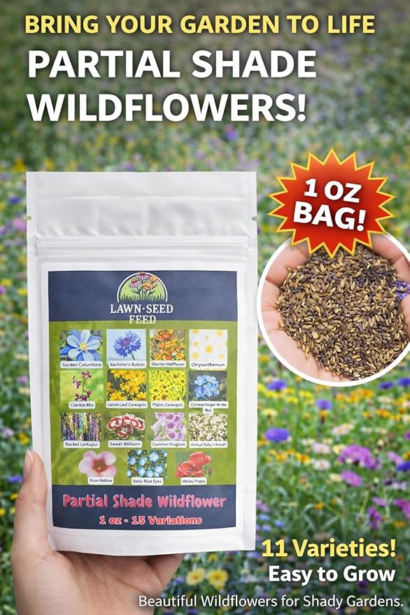 Partial Shade Wildflower Mix Seed (1oz) – Shade-Loving Wildflowers that Produce Vibrant Blooms in Low-Light Areas and Dappled Sun. Perfect for Yards, Garden beds, Fence Lines, and Woodland Edges.