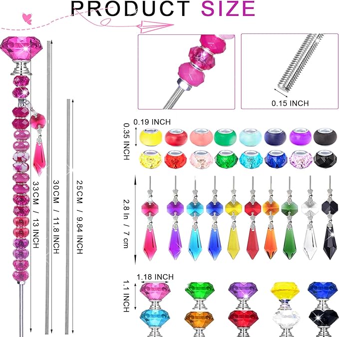 300 Pcs DIY Fairy Wand Beaded Garden Stakes Kit, Fairy Wands Garden Kit Colorful Large Hole Bead with Pendants Crystal Stopper Top Threaded Rod Beaded Garden Stakes Supplies for Outdoor Decorative