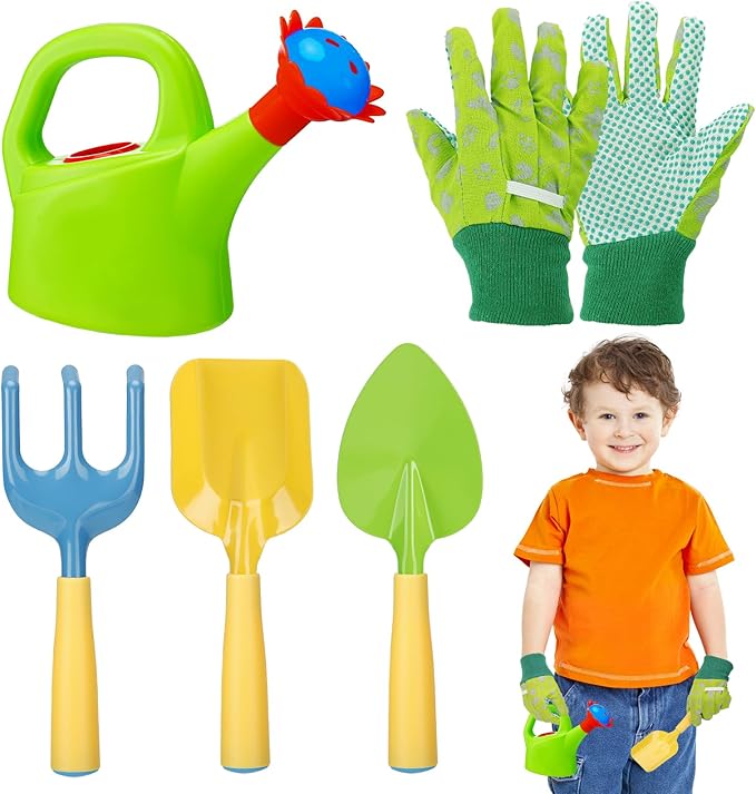 Biubee Kids Gardening Tools Set - Sturdy Watering Can Toy Set with Metal Shovel Hand Rake Kids Gloves, Toddler Gardening Kit Garden Toys for Outdoor Beach Sand Toy Gift, Green
