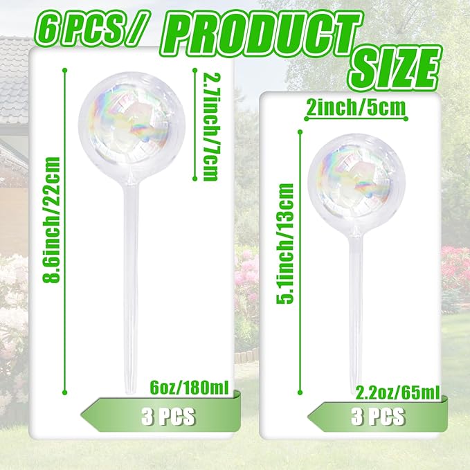 Pynqdfu 6Pcs Plant Watering Globes,Iridescent Rainbow Glass Self Watering Planter Insert,Clear Watering Bulbs for Indoor,Outdoor,Flowerpot,Hanging Plants,Home Garden(3 Large+3 Small)