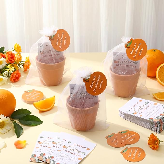 Ctosree 50 Sets Cutie Baby Shower Party Favors for Guests A Little Cutie Is on The Way Seed Packets Include Self Adhesive Seed Packets Flowerpot Thank You Tags Organza Bags for Orange Baby Shower
