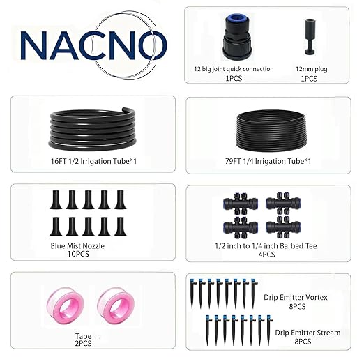 Drip Irrigation Kit, Quick Connect Garden Watering System for Lawn, Raised Bed, Greenhouse, Automatic Sprinkler Parts with 16FT 1/2" Main Pipe + 79FT 1/4" Tubing