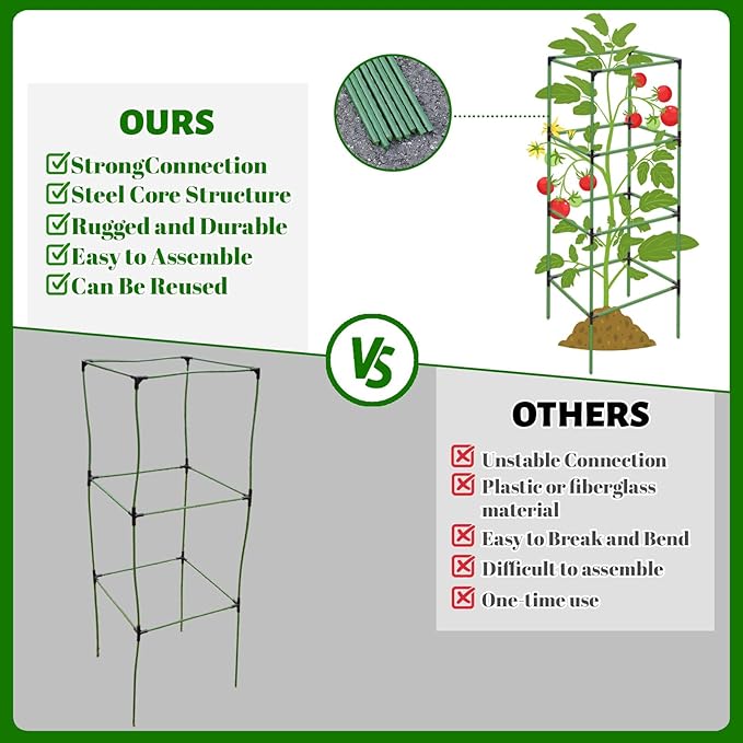 2 Pack Tomato Cages for Garden,Square Tomato Plant Cage Support Heavy Duty Pole 57*15.4*15.4 Inches,Steel Plant Tower Stakes,Cherry Tomato Trellis Cucumber for Climbing Vegetables Flowers Fruits-Green